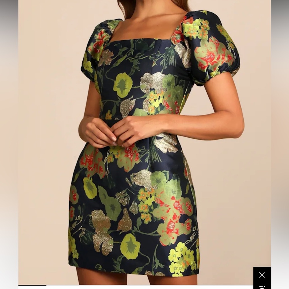 Lulu's Floral Mini Dress in Navy and Gold